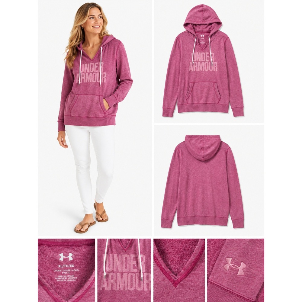 Under Armour Hoodie XL Pink Logo V-Neck Heathered Loungewear Athleisure Sporty